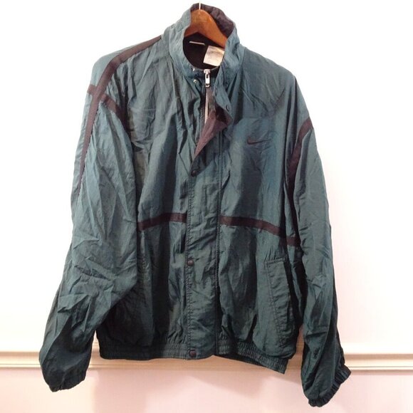 VINTAGE Nike Track Jacket Mens Large Black Green Windbreaker Full Zip Y2K Swoosh - Picture 1 of 6
